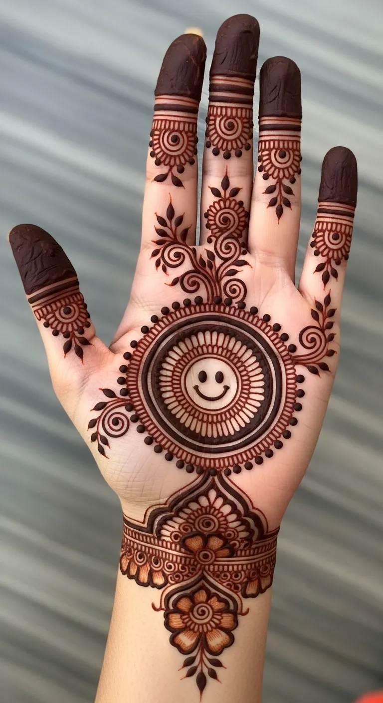 Kids circle mehndi with smiley face on palm