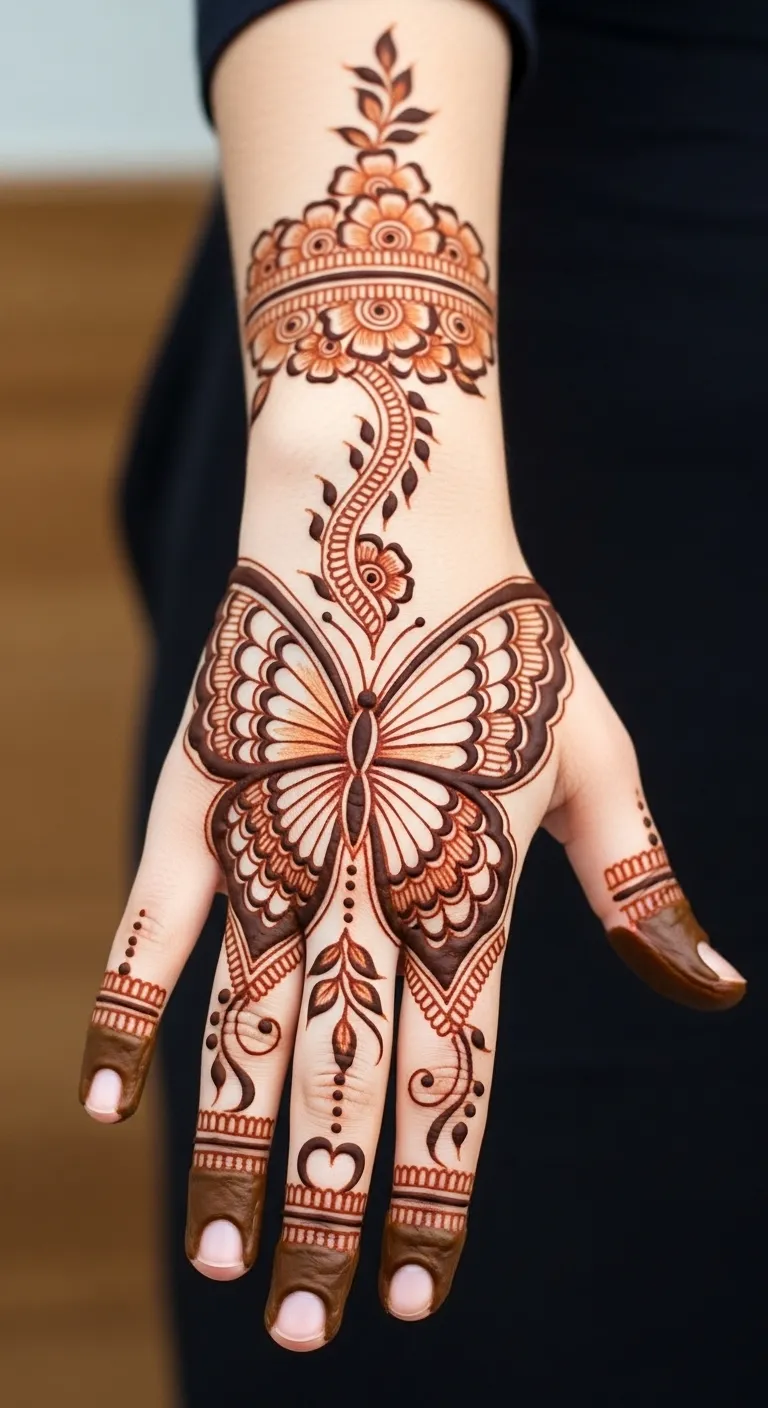 Large butterfly mehndi on back hand center