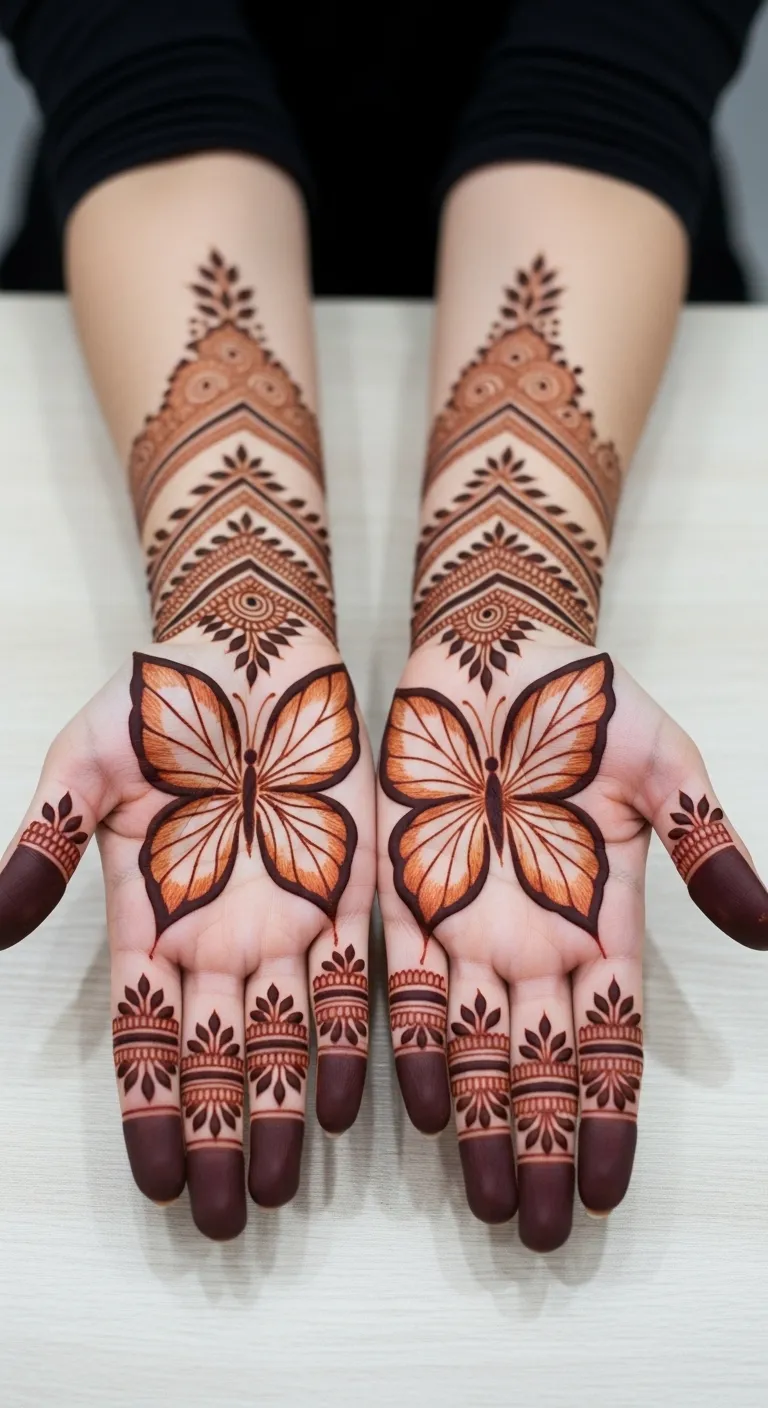 Butterfly mehndi with leaf shaped wings
