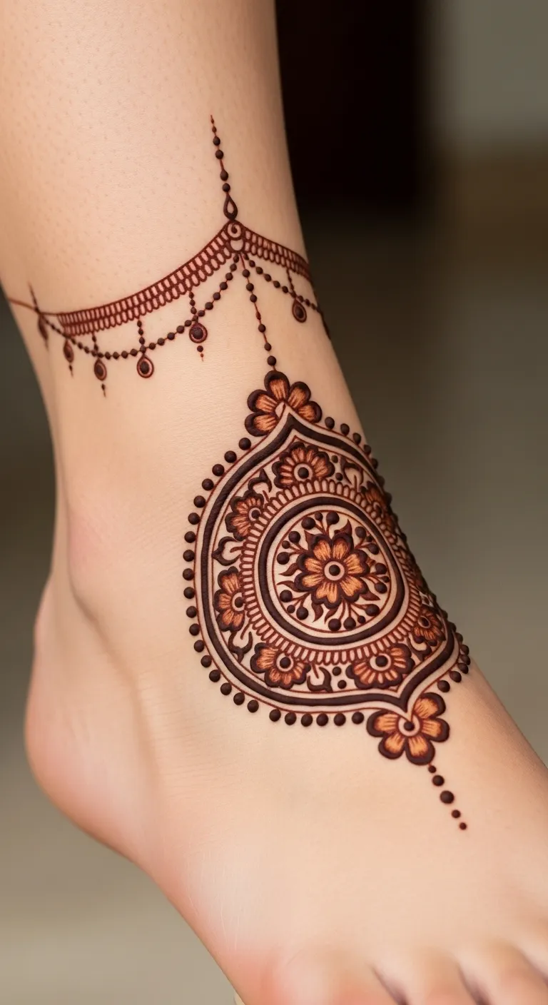 Ankle Arabic circle mehndi with bracelet