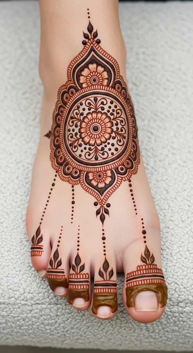 Arabic circle mehndi on foot with toe trails
