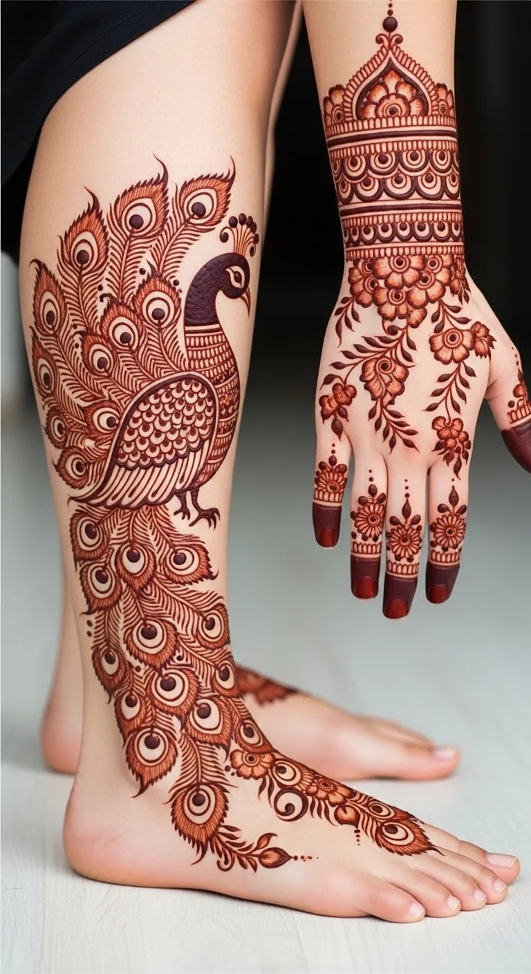 Leg peacock mehndi from calf to heel with feathers