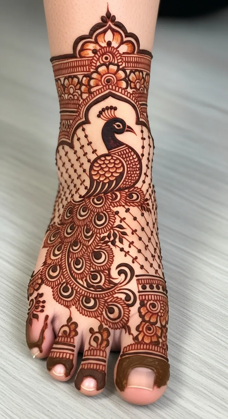 Peacock mehndi on foot with tail flowing to ankle