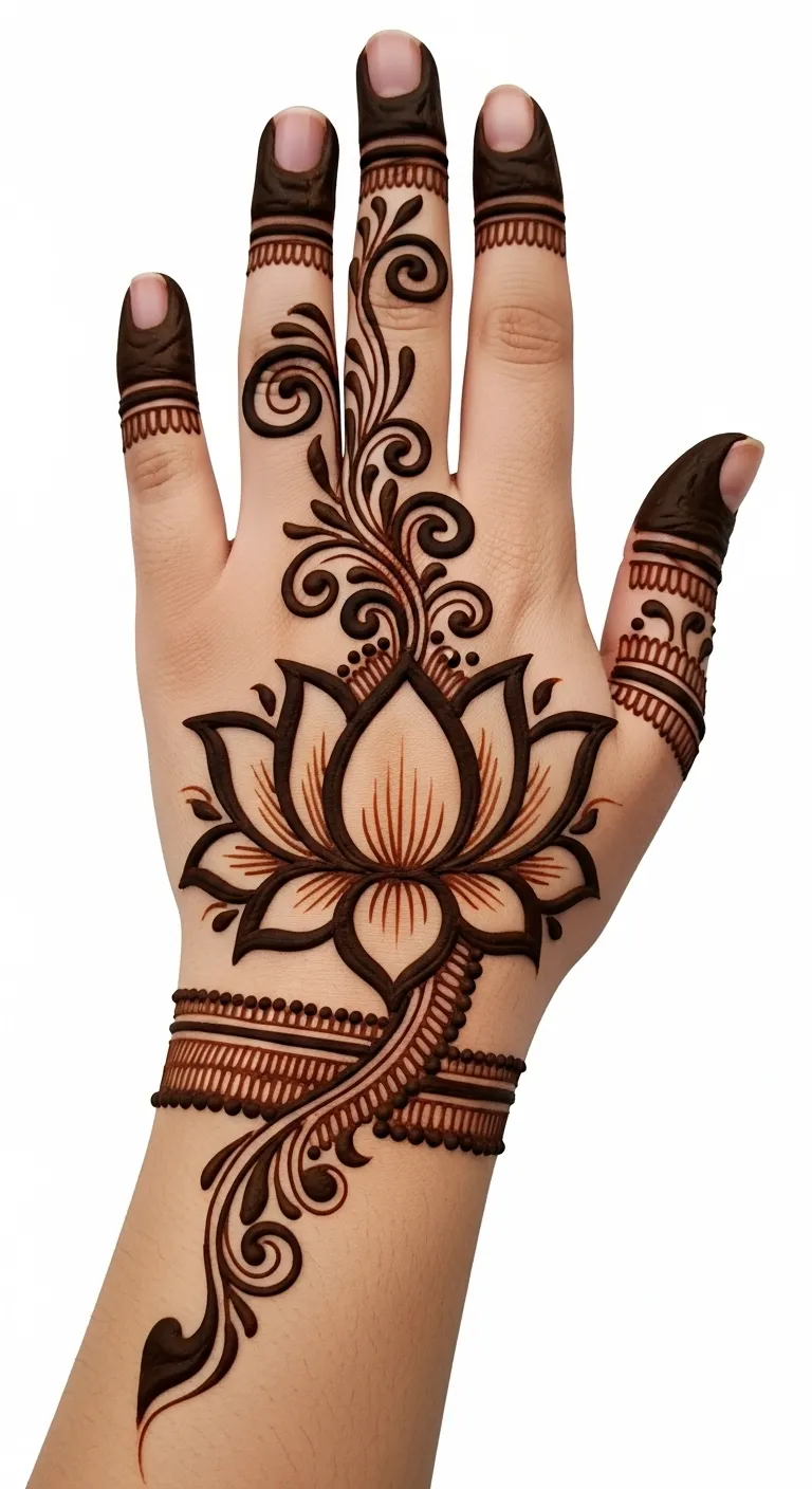 Lotus mehndi design in center of back han