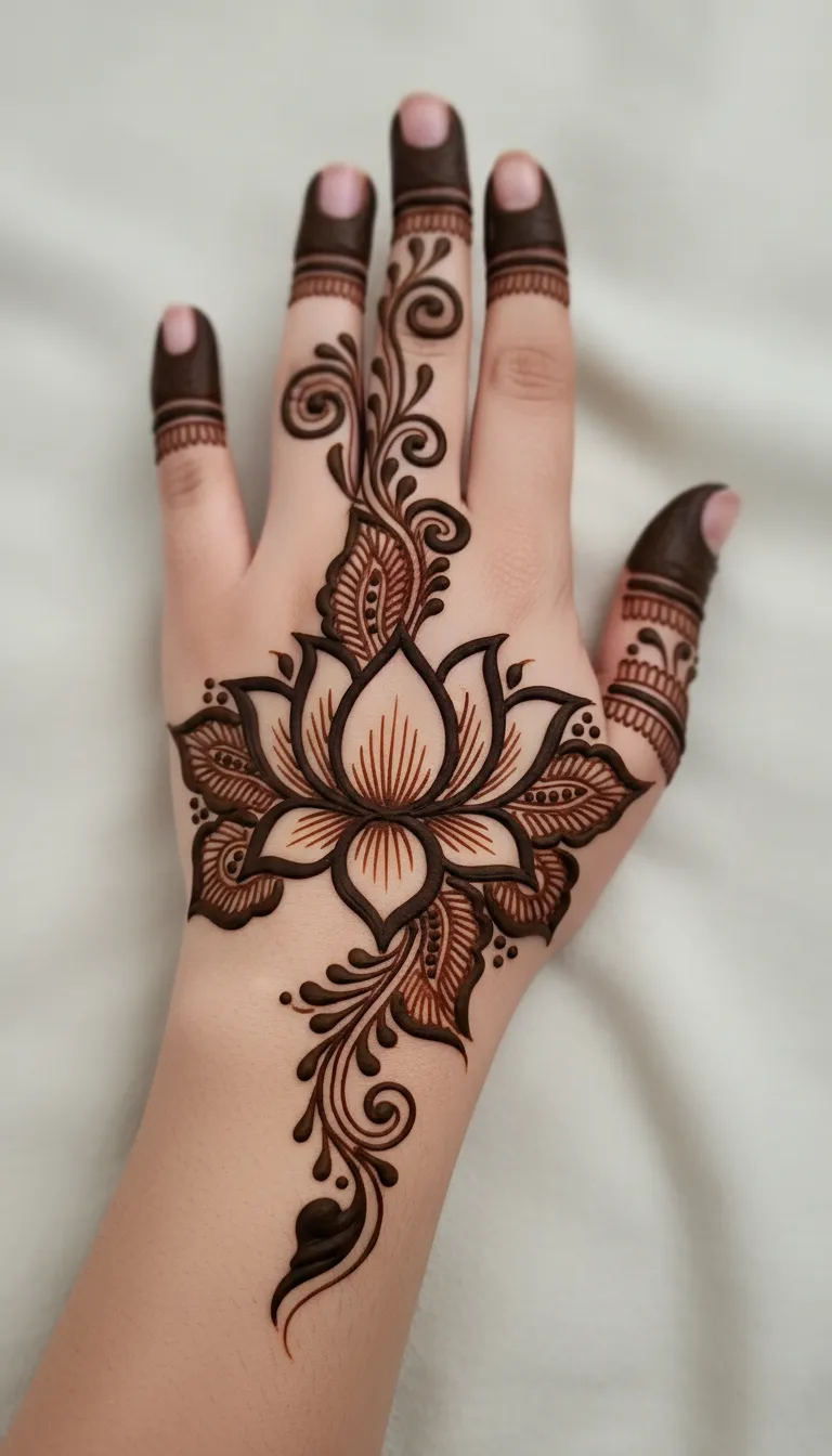 Lotus mehndi with leaf border on back hand