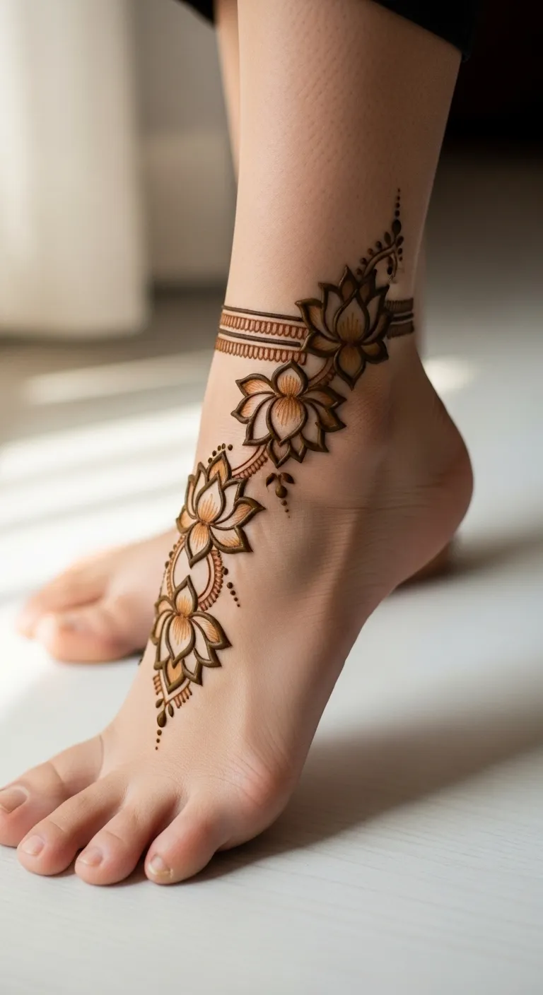 Lotus anklet mehndi design with petal edging