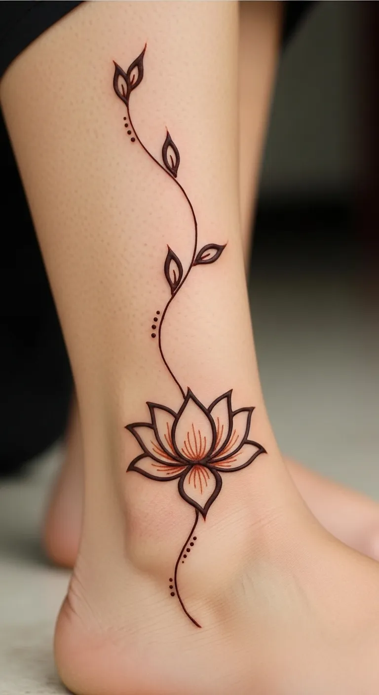 Lotus mehndi on calf side with flowing stem