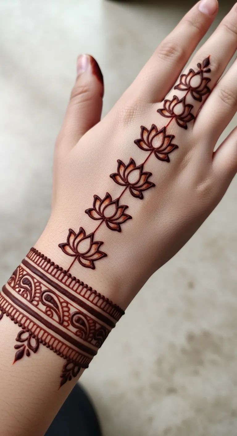 Lotus and paisley border mehndi on back hand