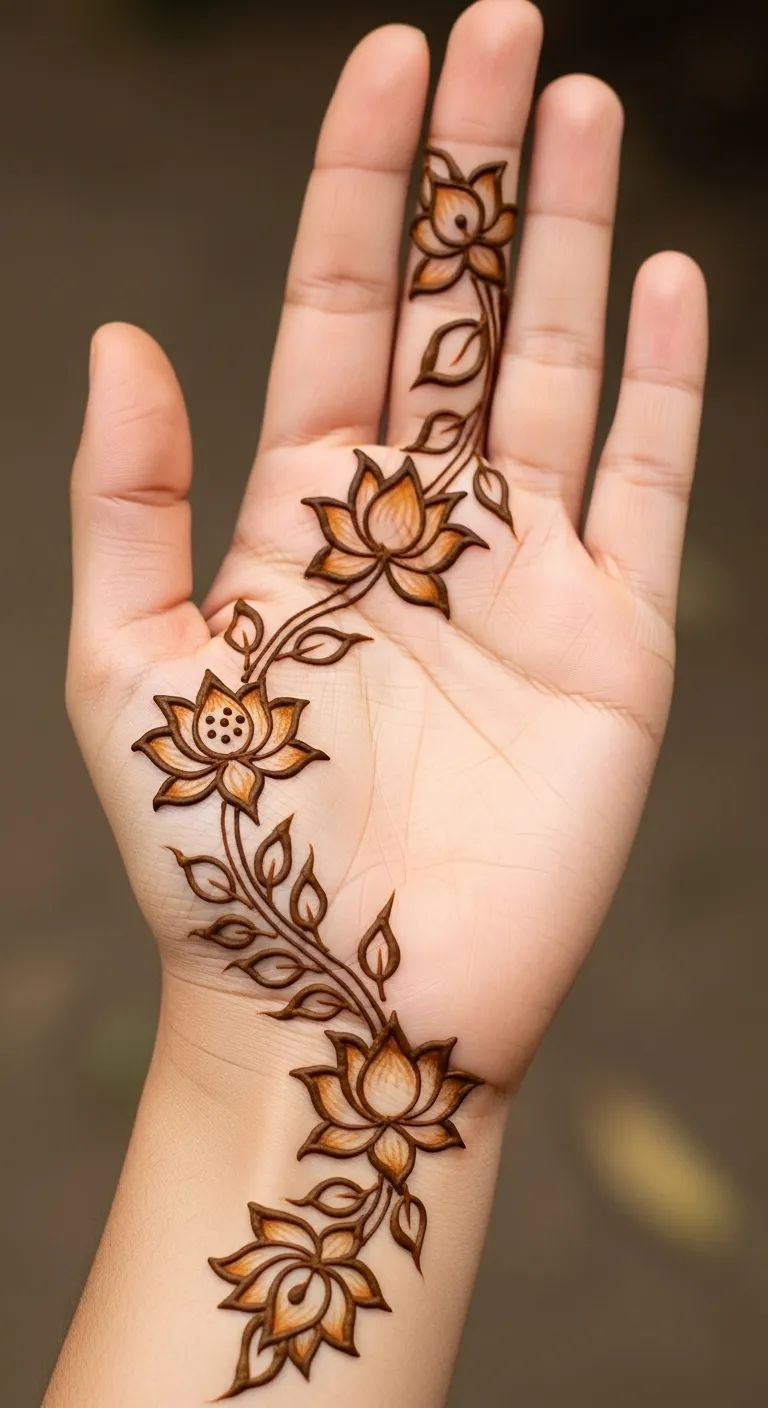 Diagonal lotus trail mehndi on back hand