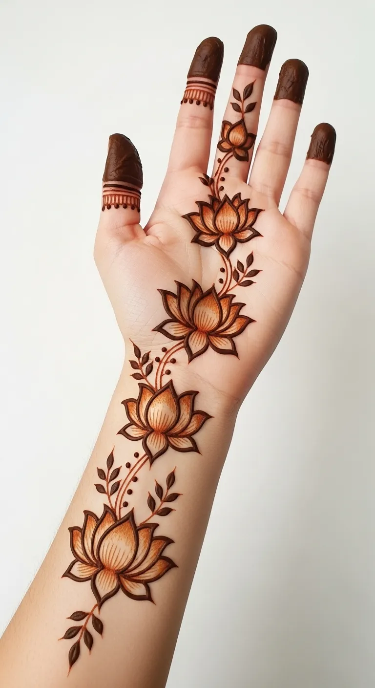 Lotus trail mehndi from wrist to fingertip