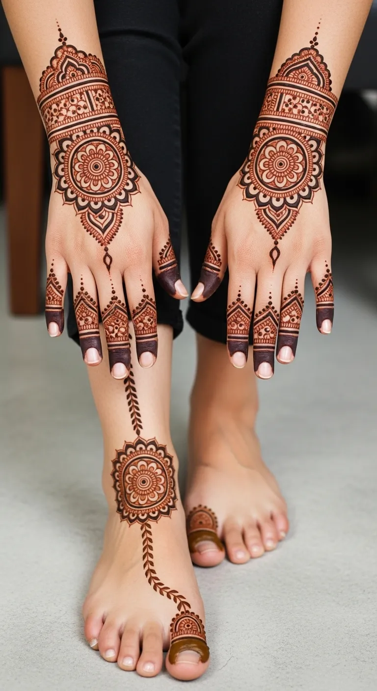 Mandala mehndi on ankle with vine trail to toes