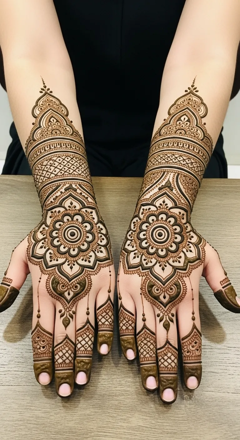 Mandala mehndi design centered on back hand