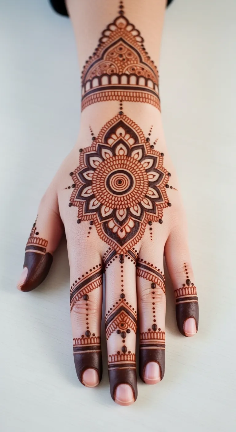 Mandala mehndi on back hand with trail to wrist