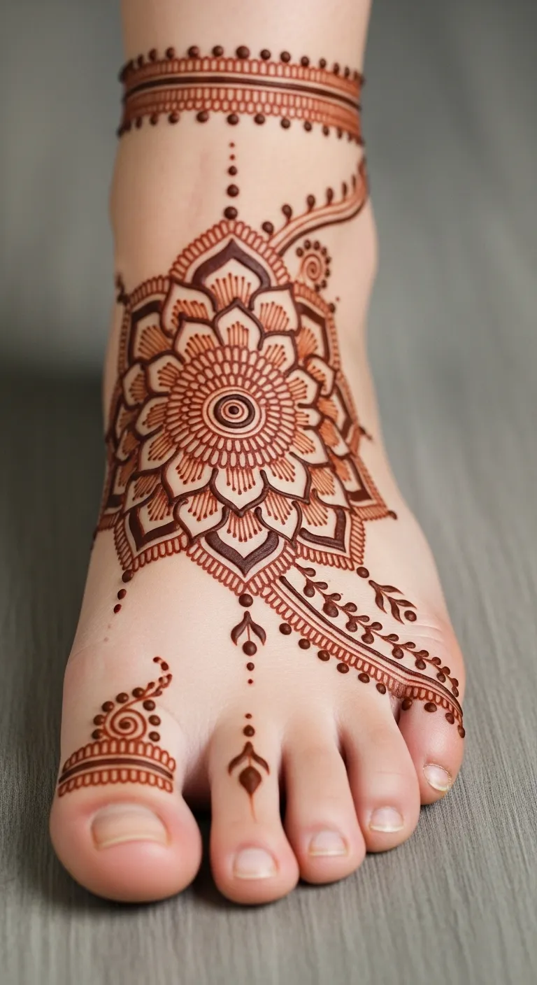 Mandala feet mehndi design centered on foot