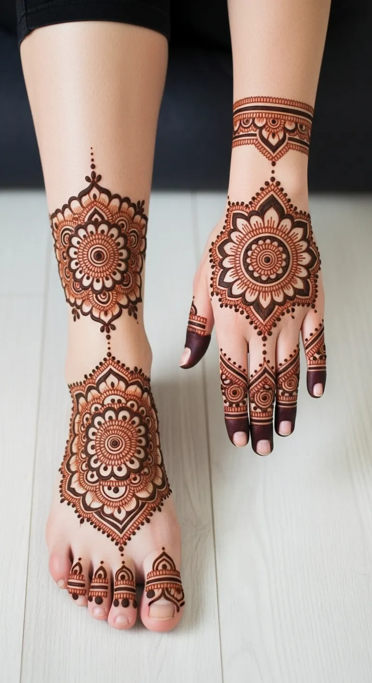 Mandala mehndi design centered on top of foot