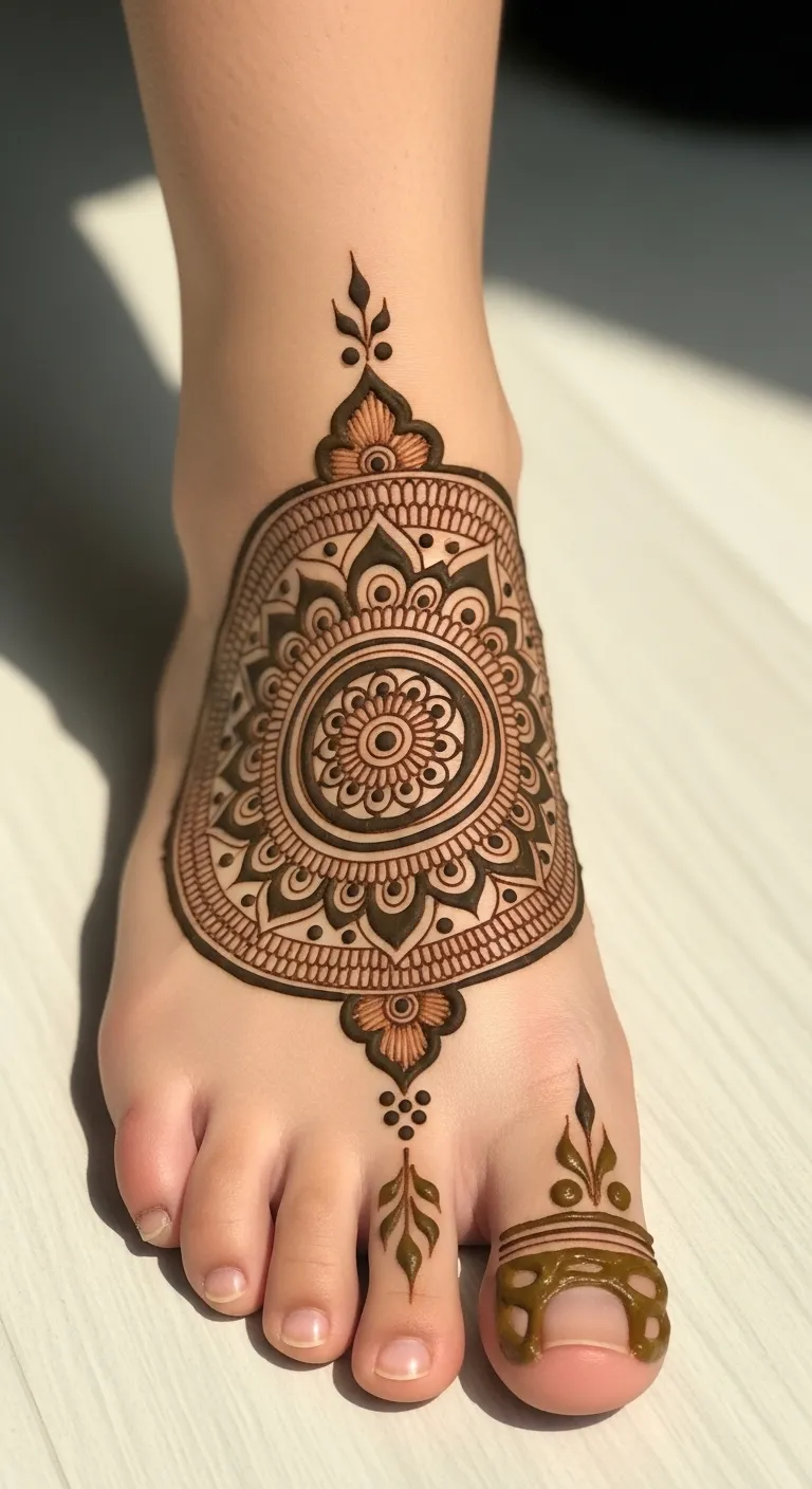 Large mandala foot mehndi design at center