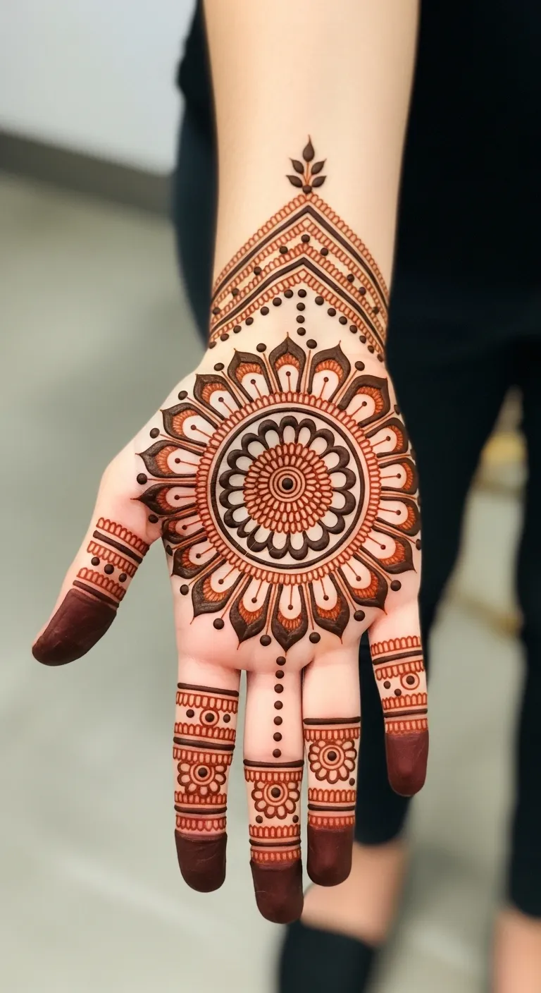 Mandala mehndi design on front hand palm center