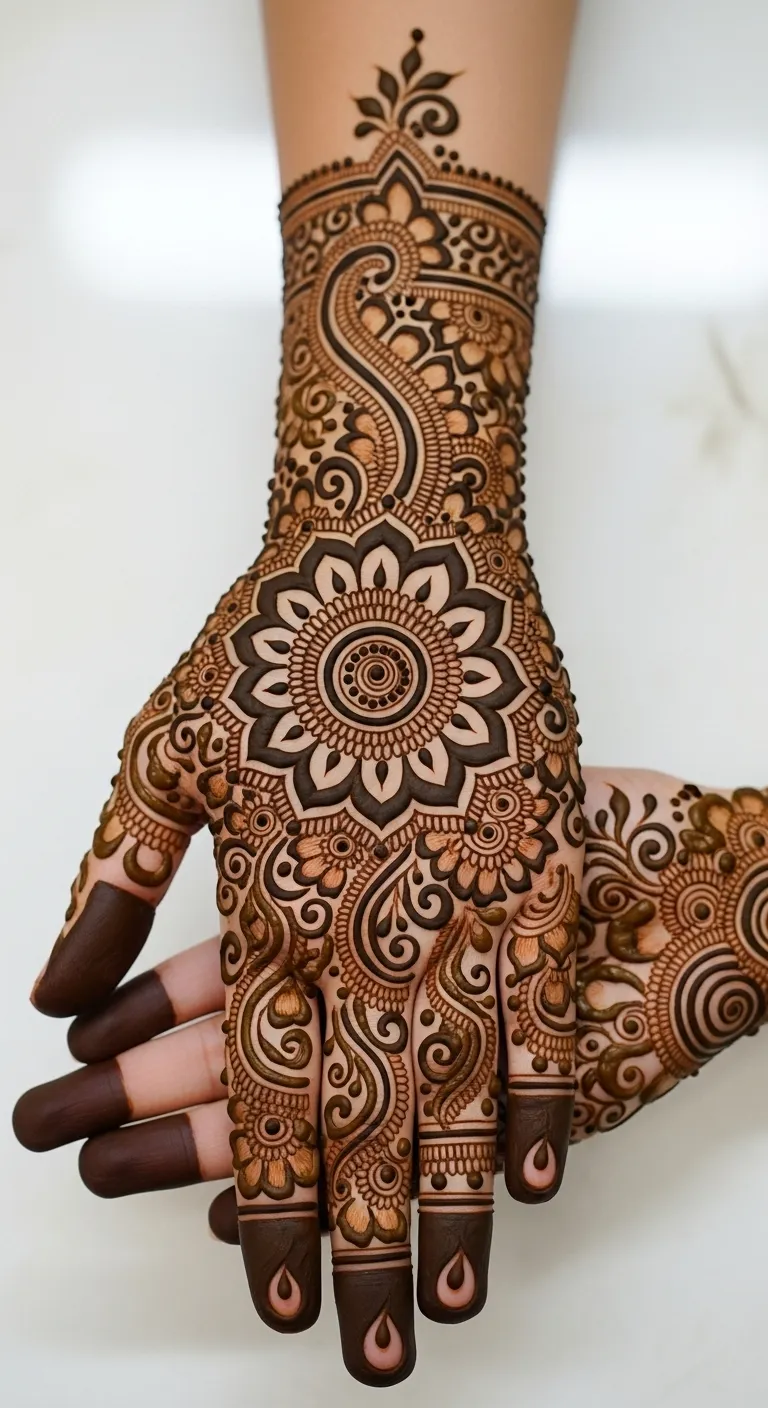 Full hand mehndi with large central mandala