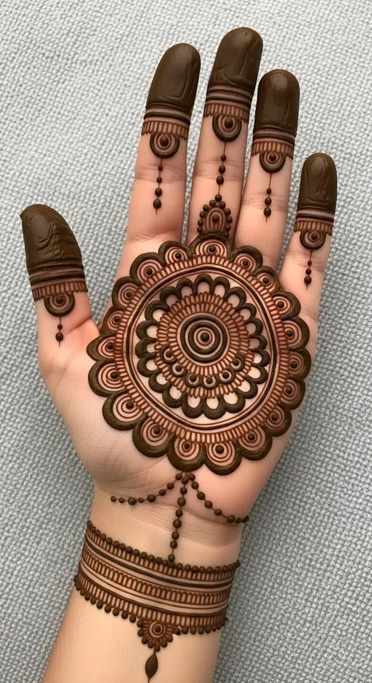 Full hand mehndi with stacked mandala on fingers