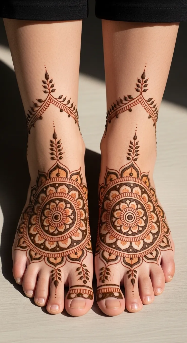 Mandala leg mehndi at center of foot with petal rings