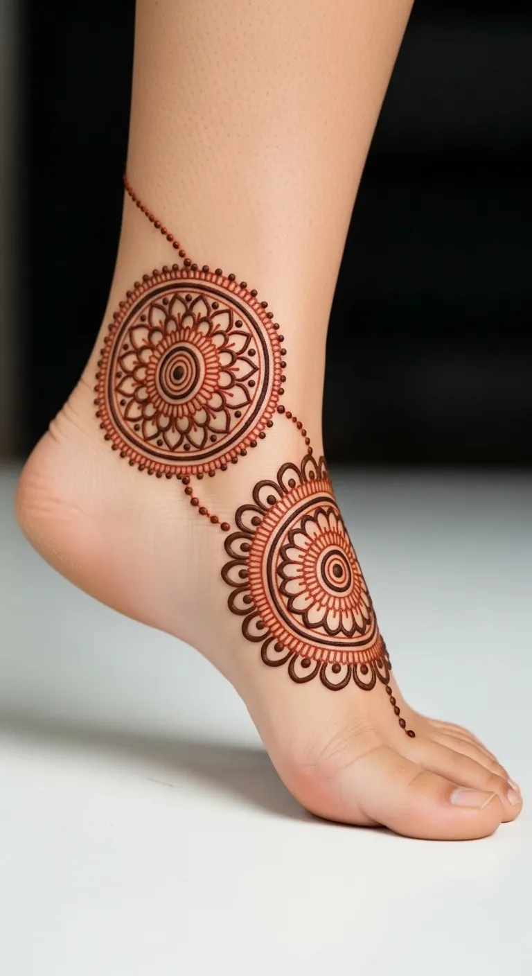 Double mandala leg mehndi on ankle with chain