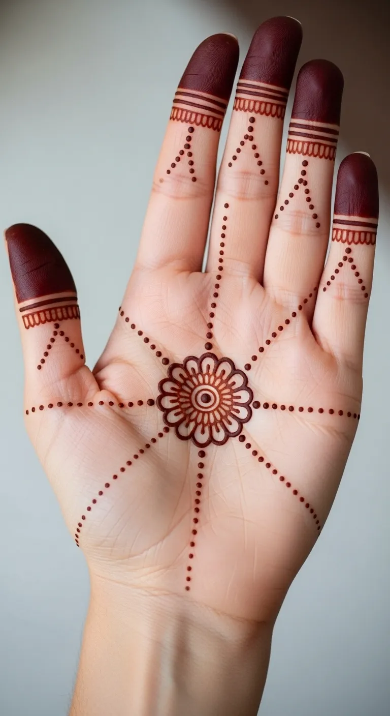 Mandala palm mehndi with dot rays