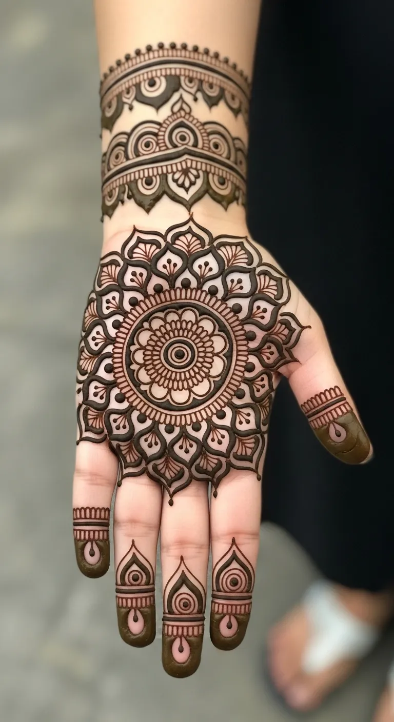 Multi-layered mandala palm mehndi design