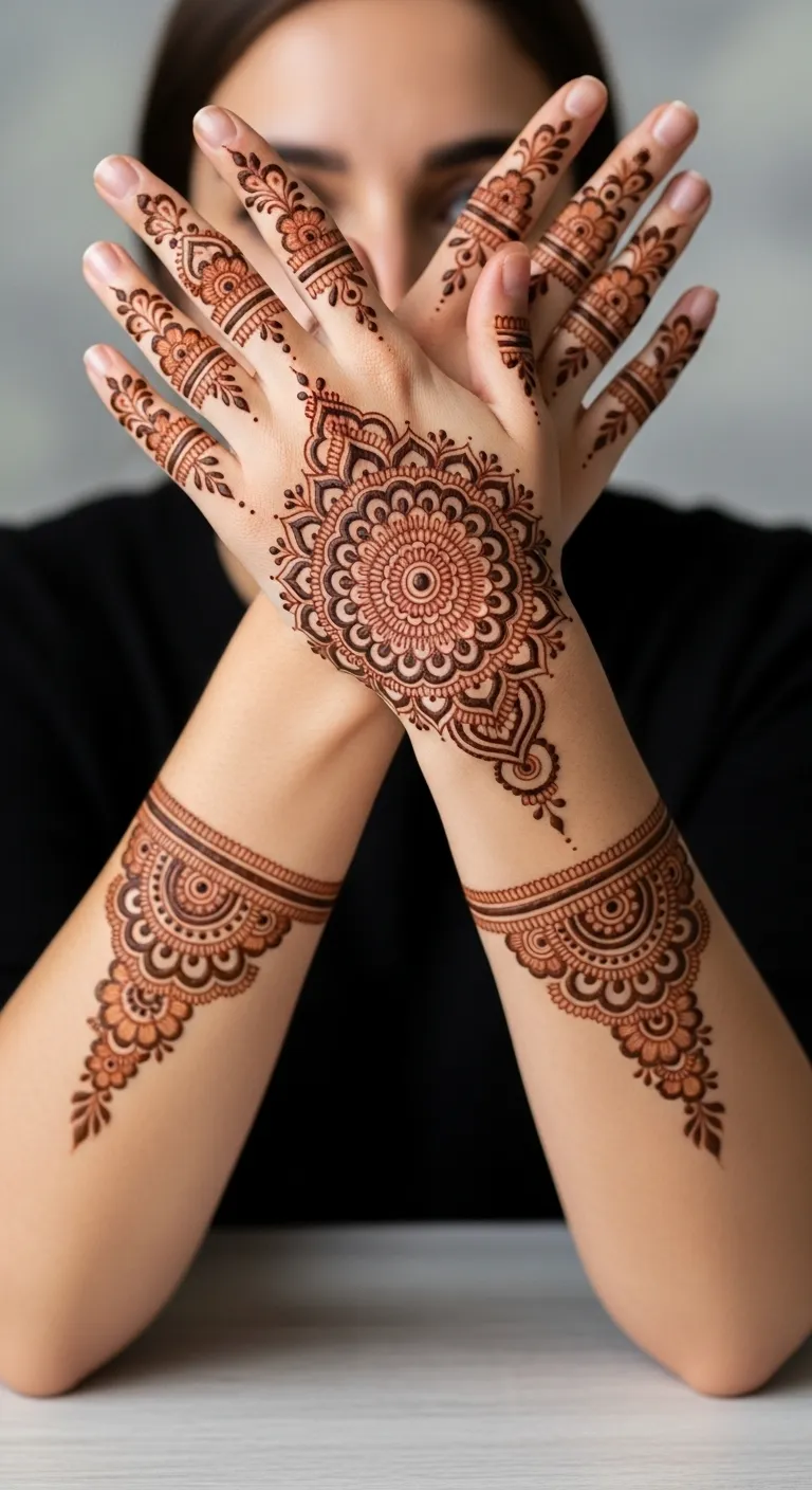 Full mandala tattoo mehndi on back hand