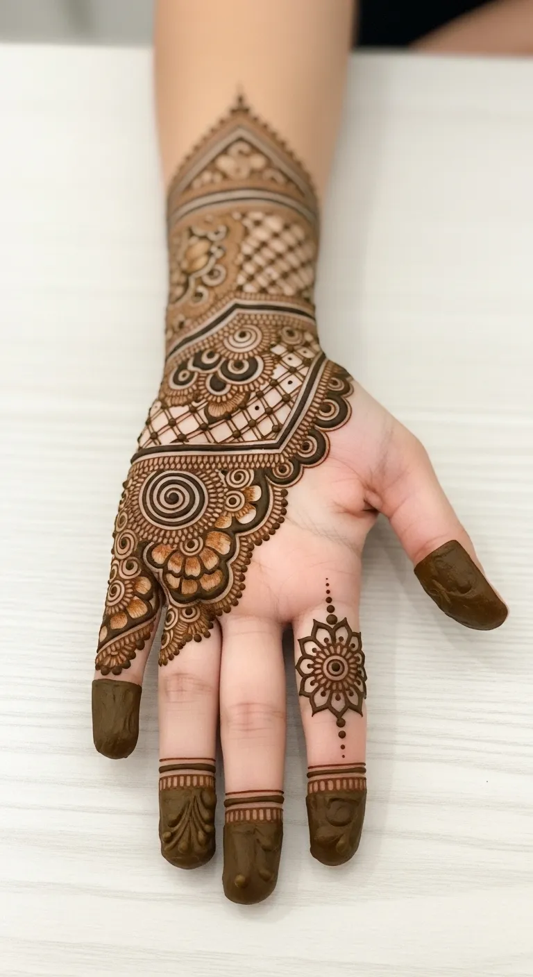 Mini mandala mehndi design on fingertip