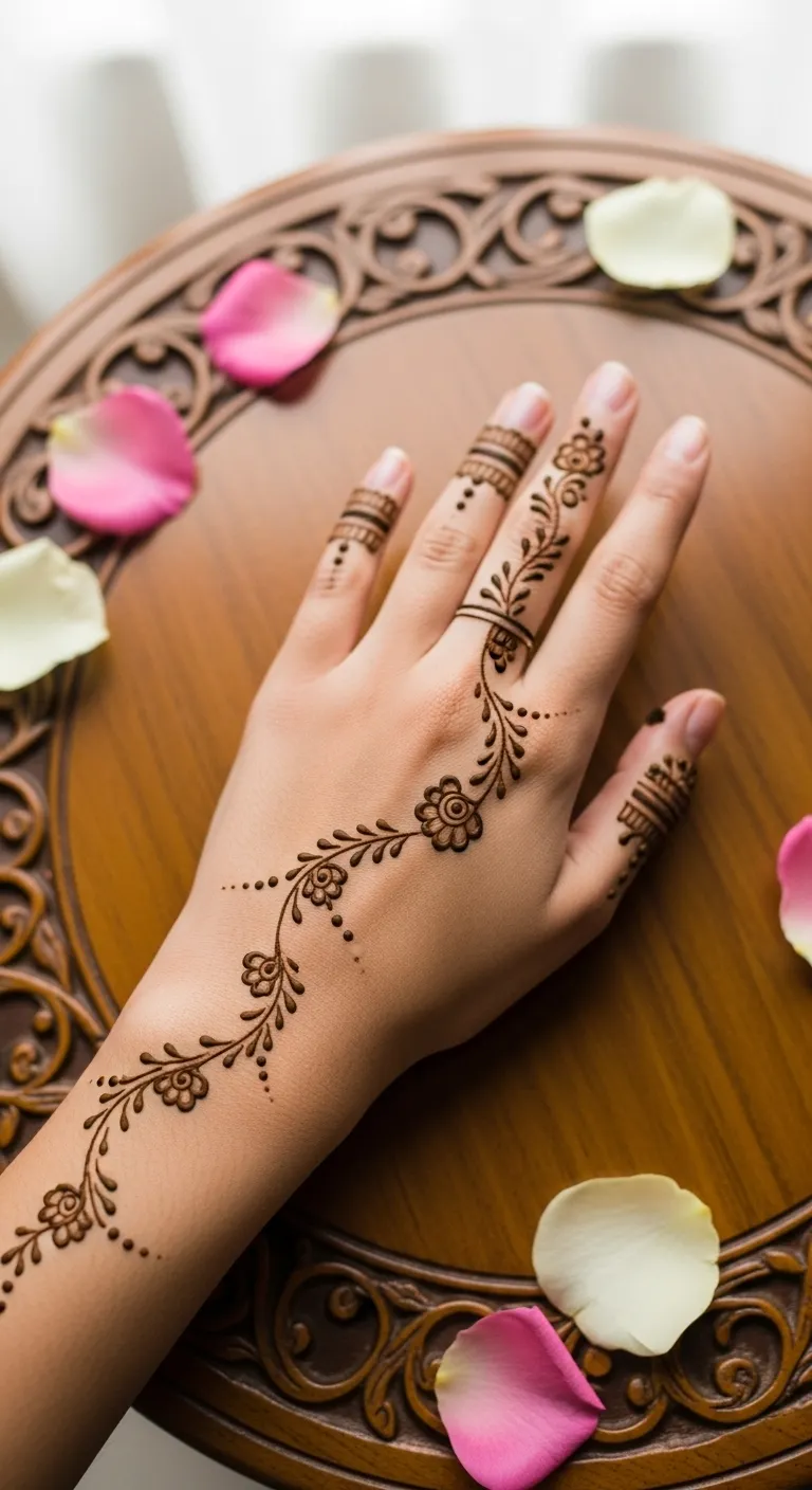 Minimal Arabic vine mehndi on ring finger