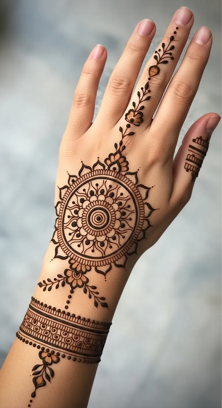Minimal fine line mandala back hand mehndi