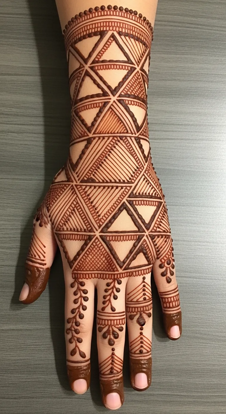 Minimal geometric triangle back hand mehndi design