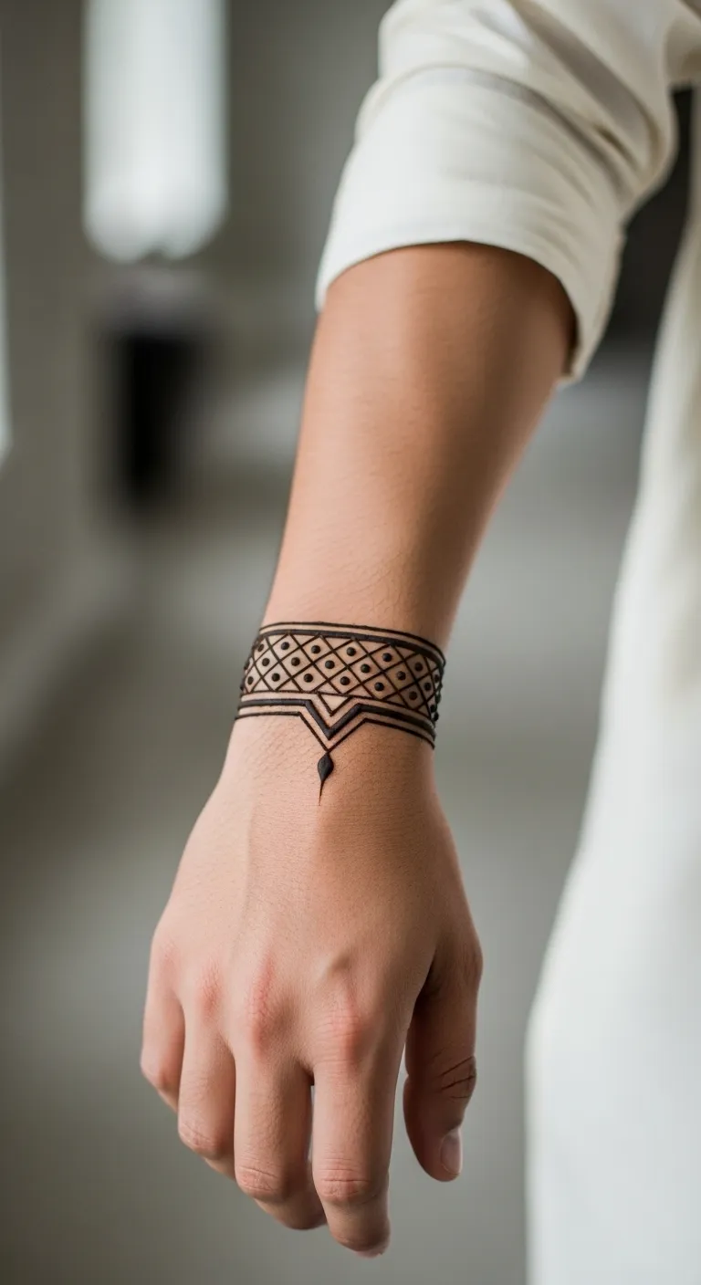 Minimal dulha mehndi with geometric wrist cuff