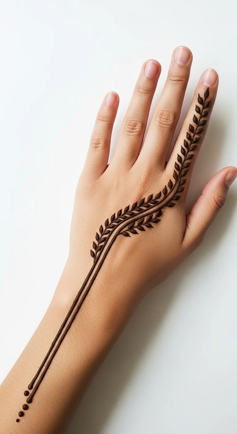 Minimalist Arabic mehendi with trail and leaves