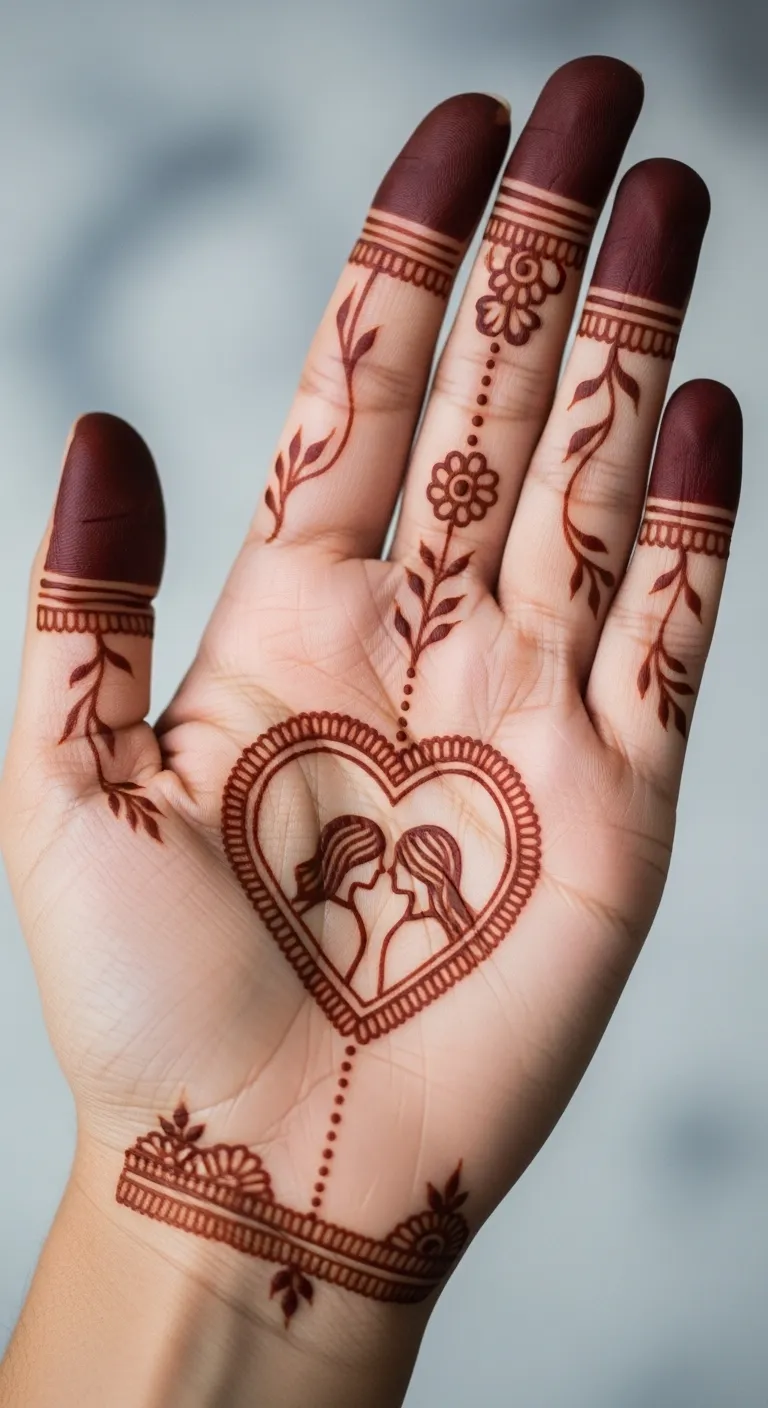 Minimalist bridal couple heart mehendi design