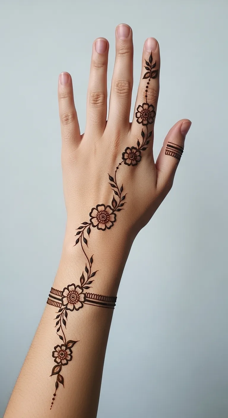 Minimalist bridal mehendi with floral trail