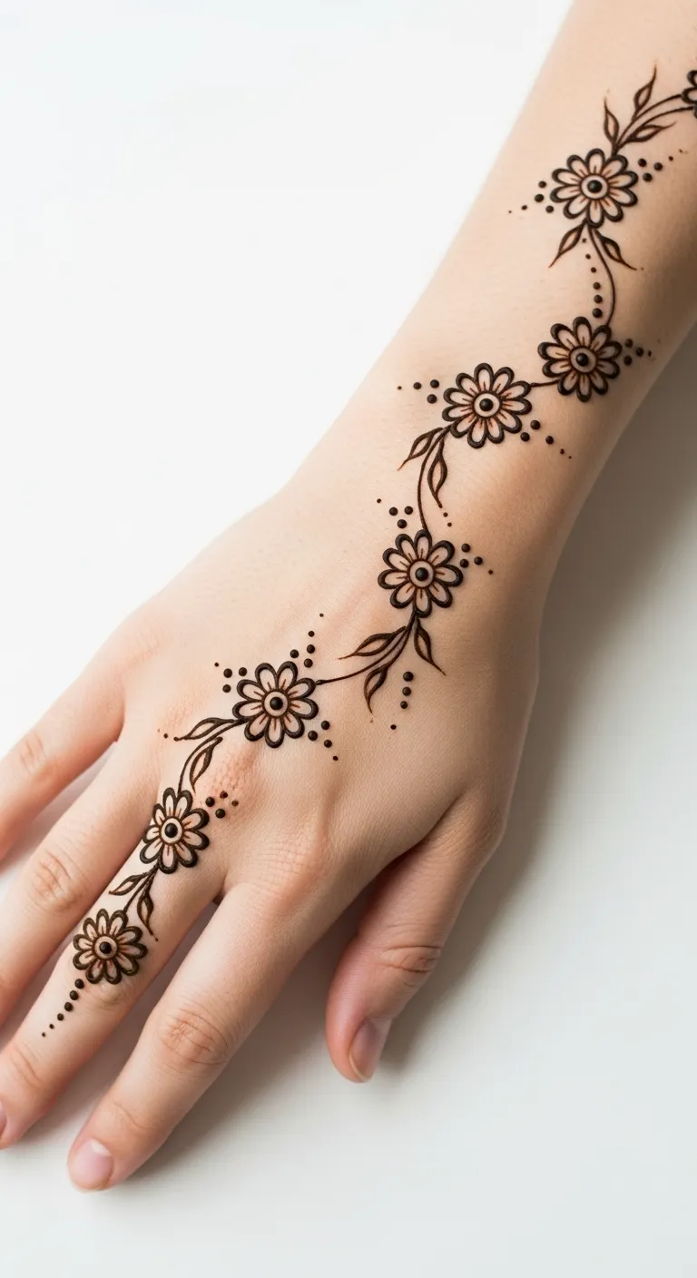 Minimalist daisy chain mehendi on back hand