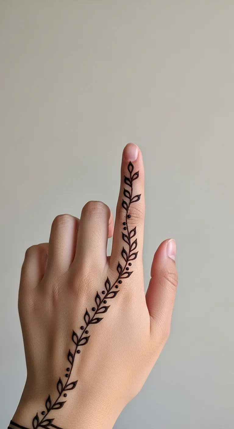 Minimalist finger mehendi design with tiny leaf trail