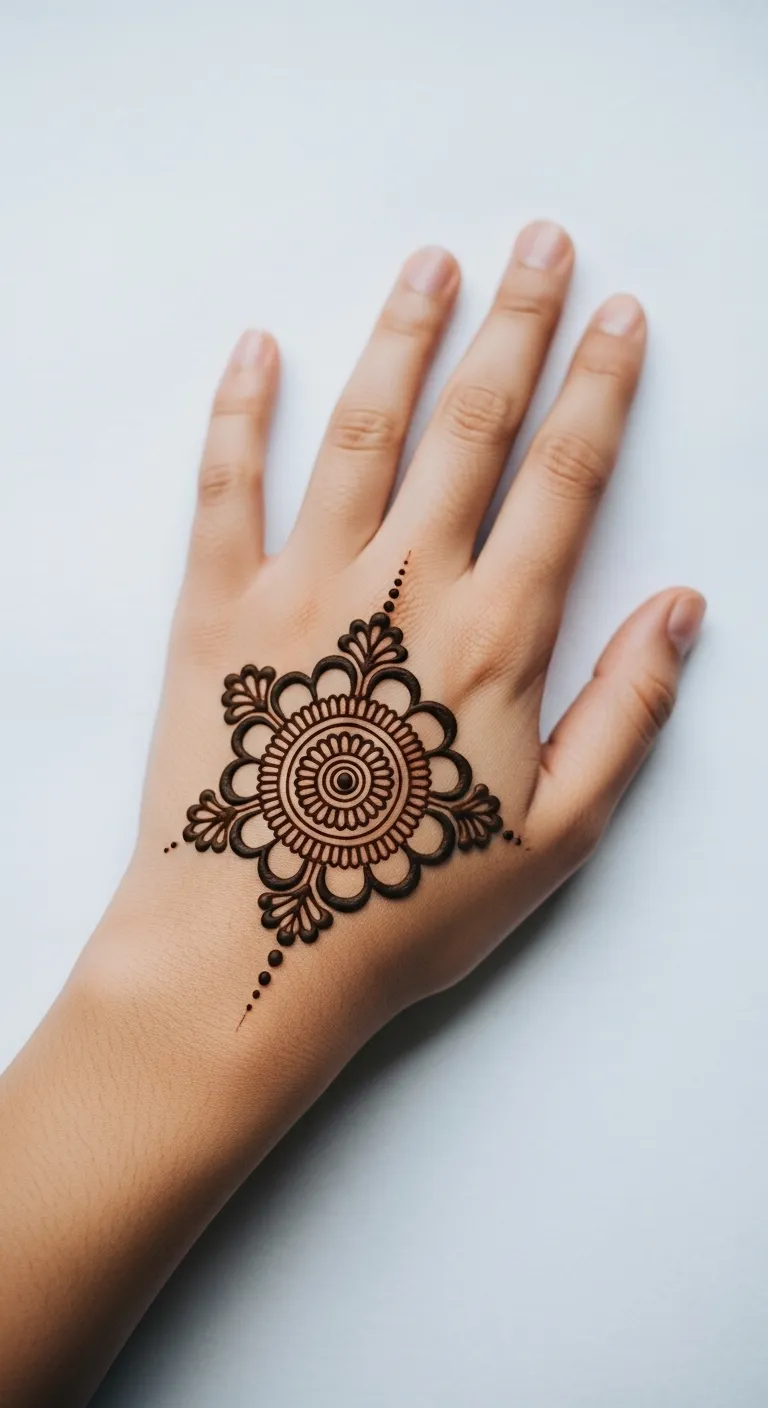 Minimalist mandala mehendi on back of hand