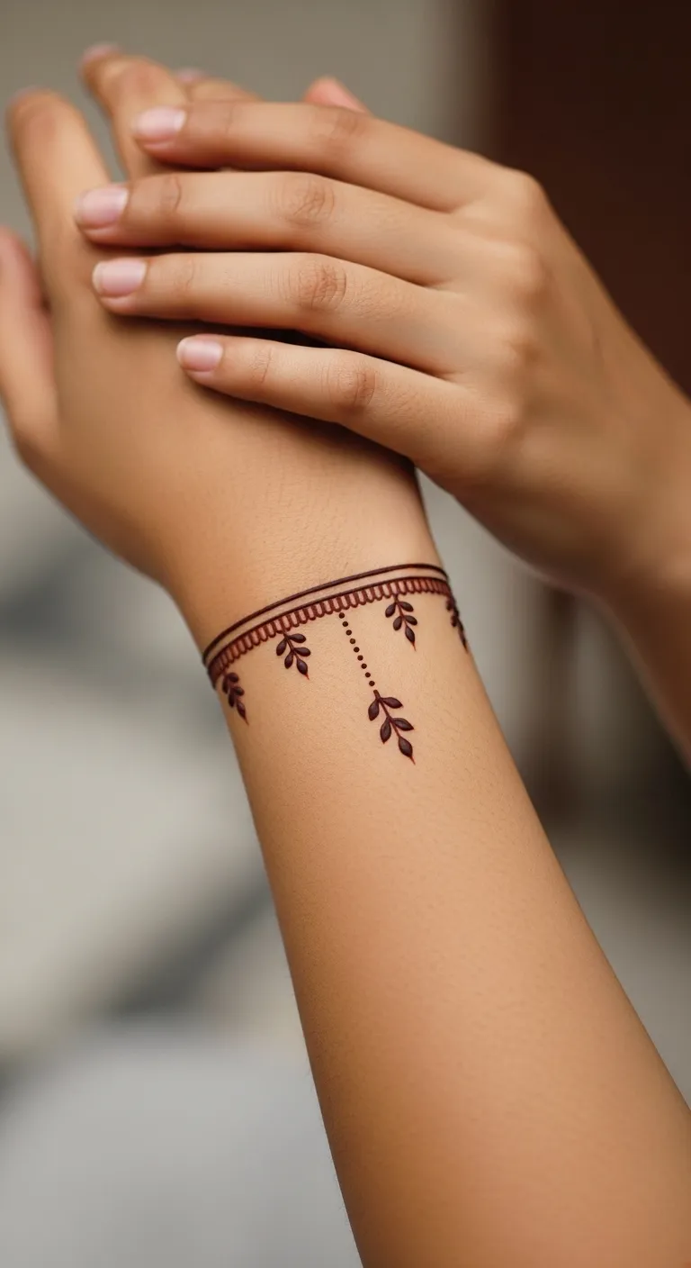 Minimalist wrist cuff mehendi with double line and leaf