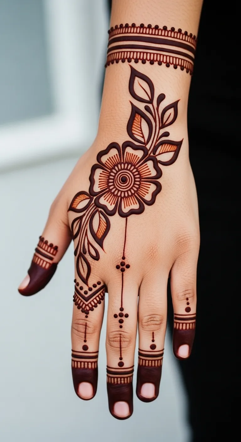 Modern Arabic mehndi with bold flower and leaf extensions