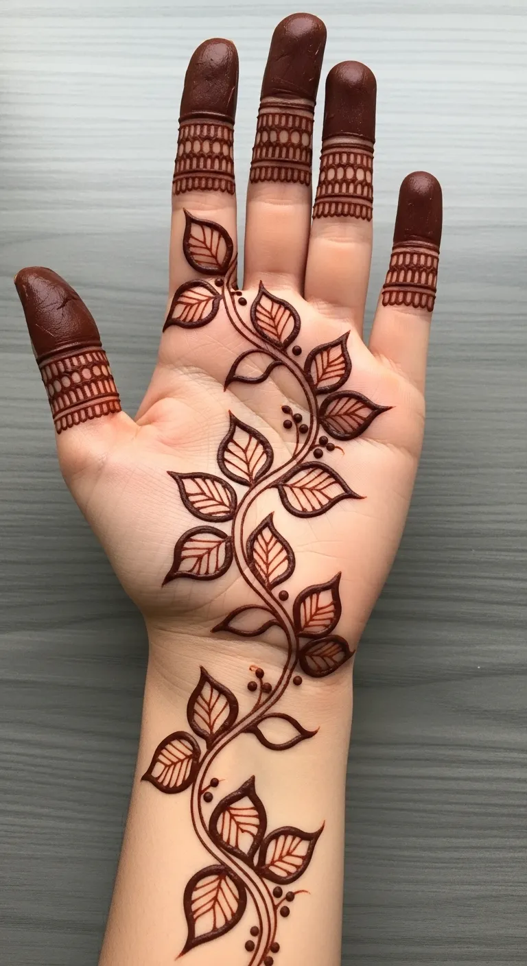 Modern Arabic vine mehndi with filled and open leaves