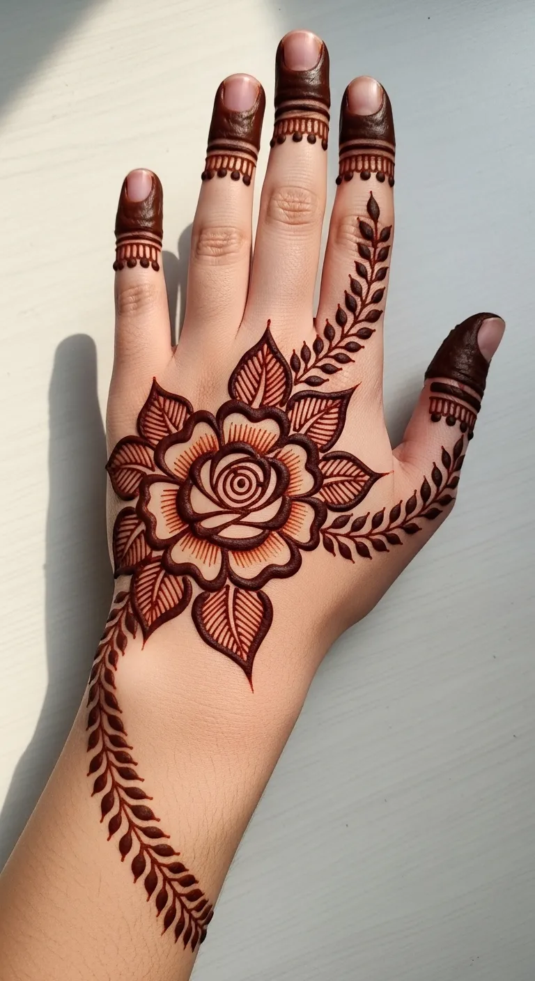 Modern back hand rose mehndi with leaf border