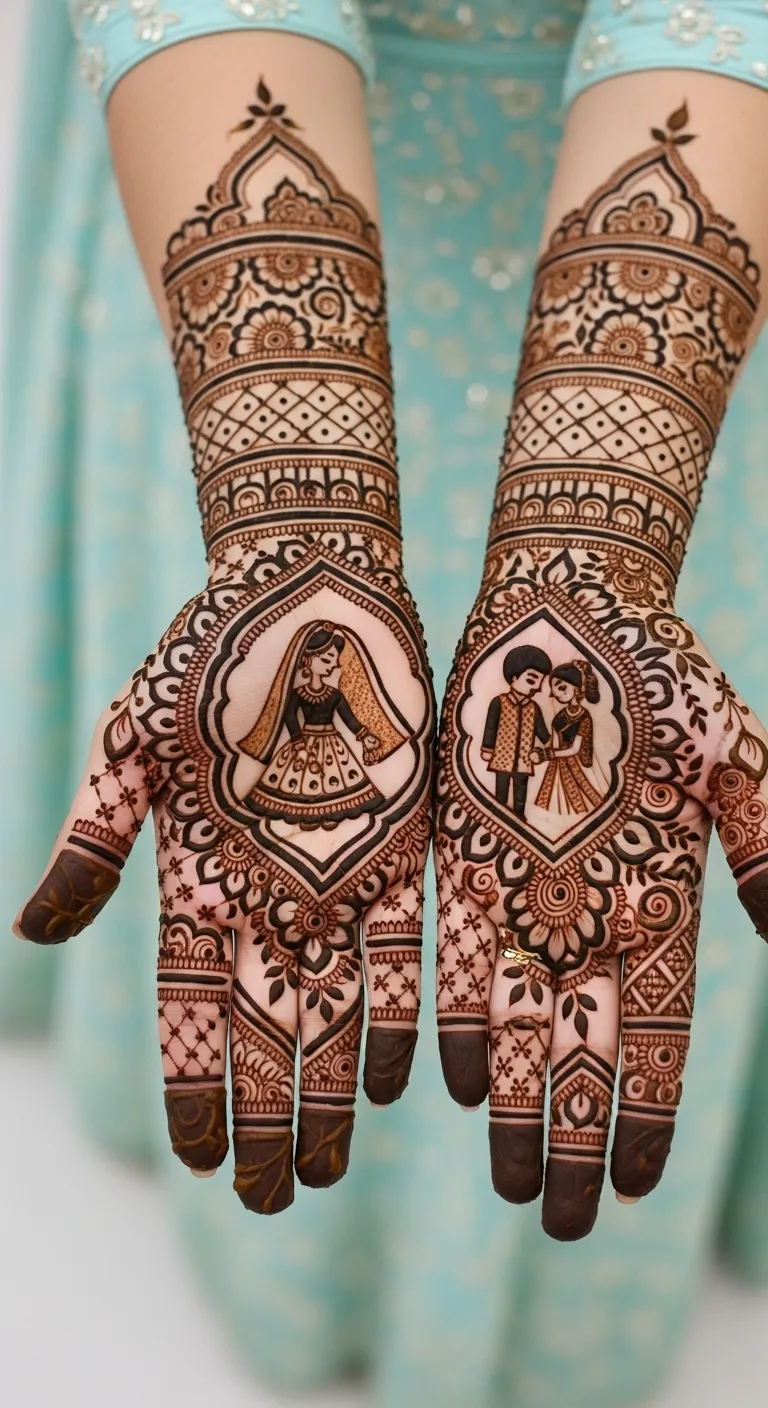 Modern bridal mehndi with jaal pattern and couple motif