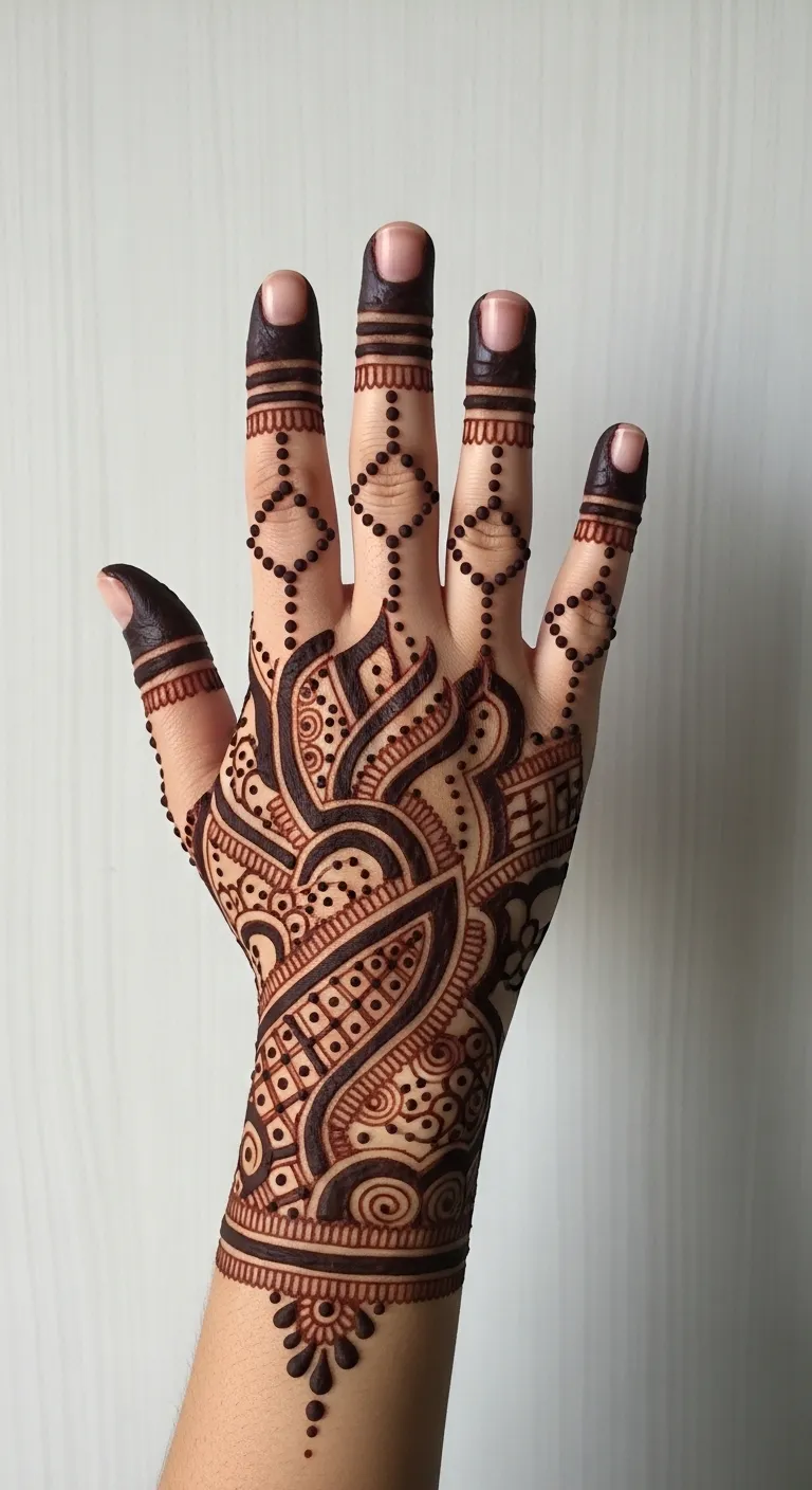 Modern dotted ring mehndi on each finger