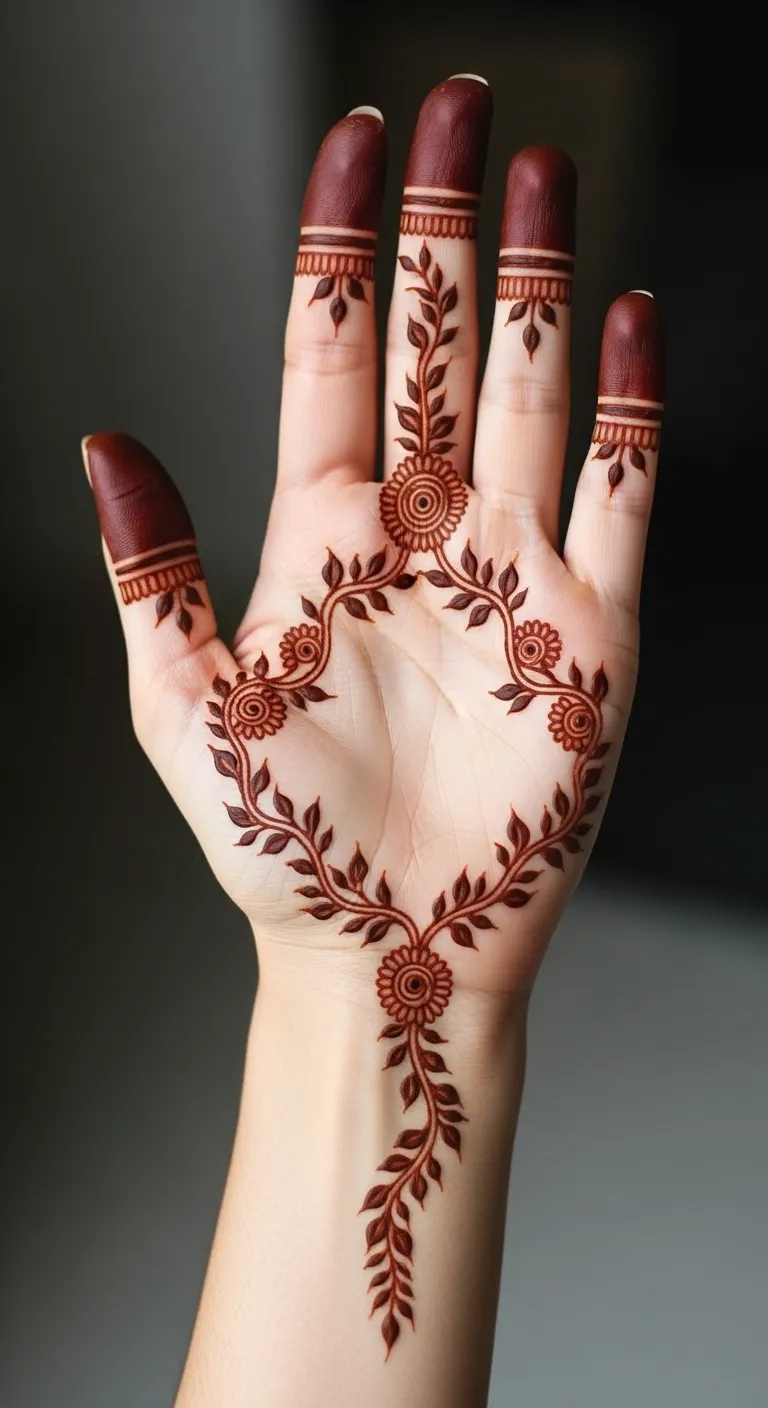 Modern finger trail vine mehndi from fingertip to wrist