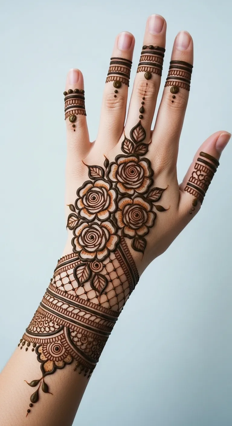 Modern floral rose cluster mehndi with shading