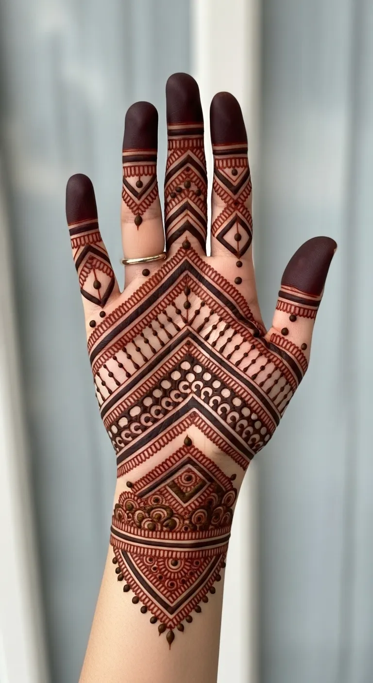 Modern geometric full hand mehndi design