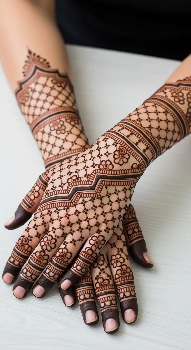 Modern full hand jaal mehndi with flower accents