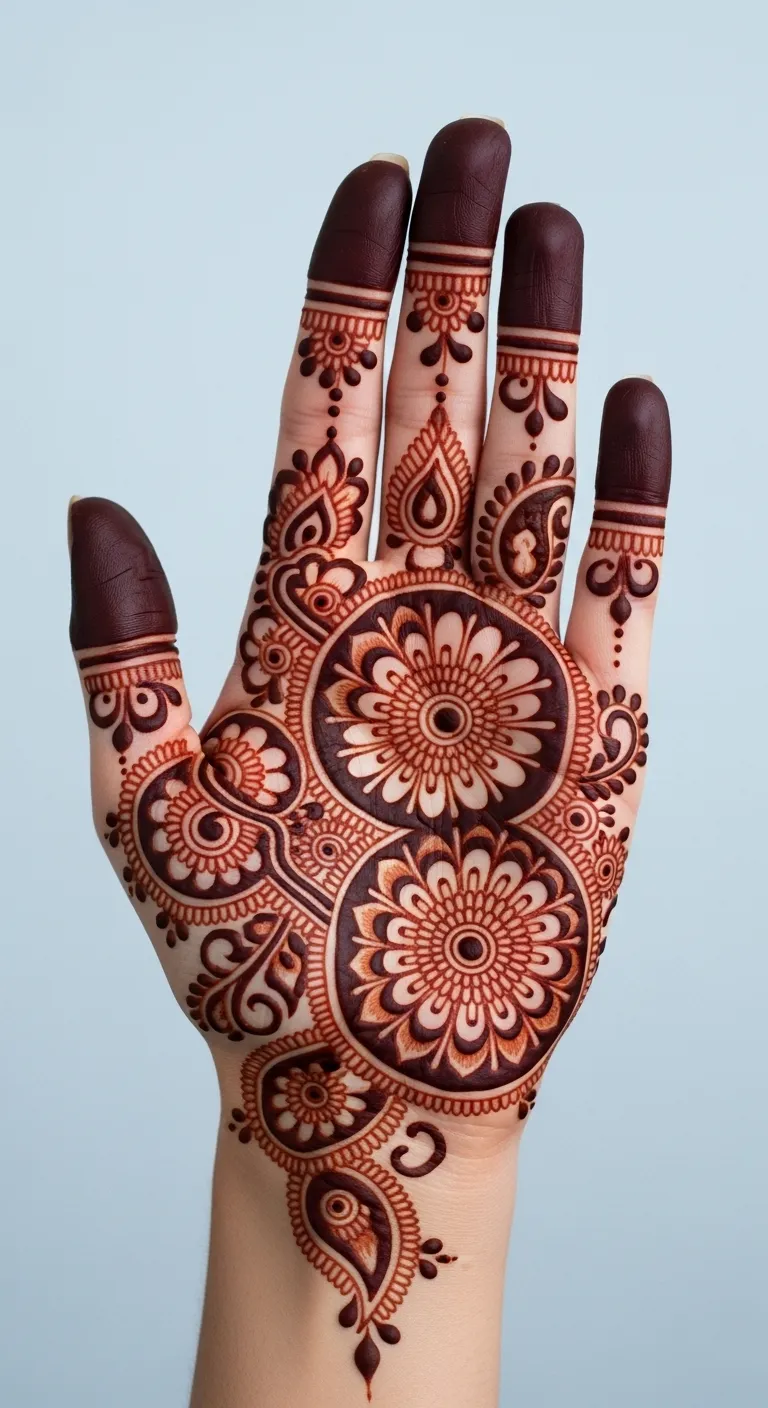 Modern full hand mehndi with connected mandala and paisley